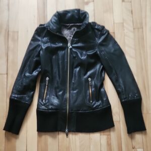 Mackage Black Leather Jacket with High Collar